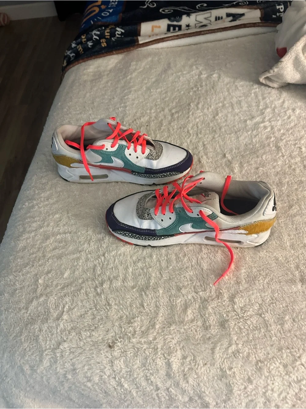 Nike Air White Sneakers with Teal, Gold, Navy & Neon Pink Laces